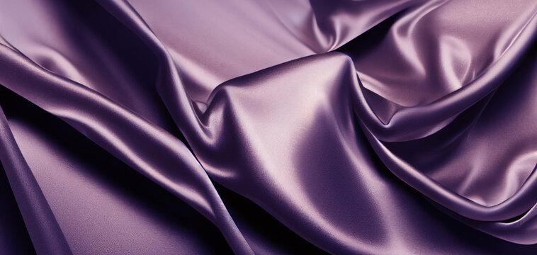Purple silk satin fabric background. Wavy soft folds of purple fabric. Shiny fabric surface.