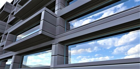 Obraz premium White clouds float across the blue sky in the reflection of the mirrored windows of a futuristic apartment building finished with a composite metallized material. 3d rendering.