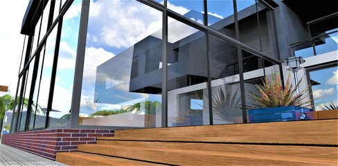 Wooden steps and glass facade of the contemporary country dwelling located in the clean ecological region. Good illustration for modern real estate designers. 3d rendering.