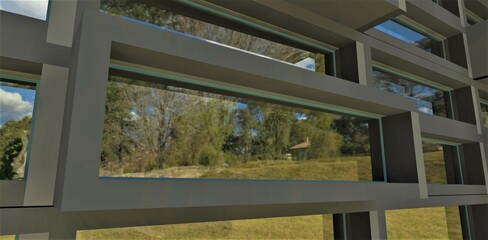 Fototapeta premium An architectural abstraction in the form of a brutal construction of the facade of an elite apartment building, the windows of which reflect a wonderful countryside landscape. 3d rendering.