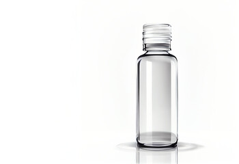 Mock-up of glass transparent bottle for serum, oil or drugs. Transparent glass bottle on white...