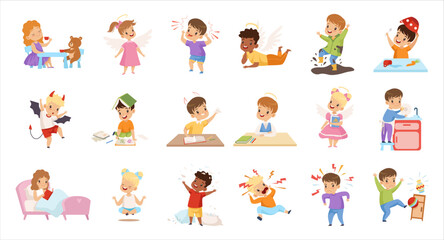 Naughty and Obedient Kids Engaged in Different Activity Big Vector Set