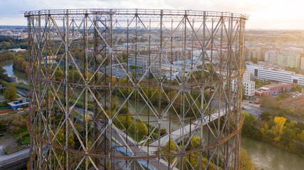 Aerial view at sunset of the Gasometer in the Ostiense district in Rome, Italy. The industrial center has been in disuse and abandoned for some time.