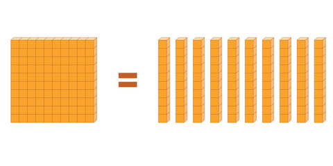 Ten rod blocks equal one flat block. Flat is made of ten rods. Vector illustration.