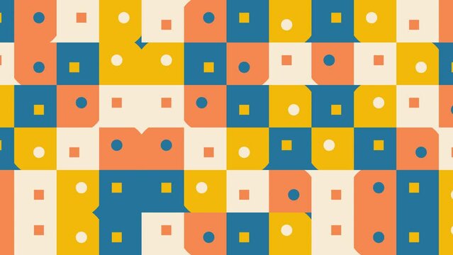Multicolor shapes in creative geometric pattern. Simple motion graphic seamless loop animation in vintage flat style