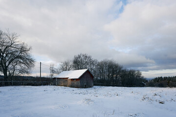 Cultural landscape in snow, Lysgaard, Toten, Norway.