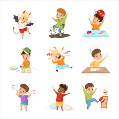 Naughty Boy Splashing in Puddle, Wearing Saucepan on Head, Tearing Pillow and Grimacing Big Vector Set