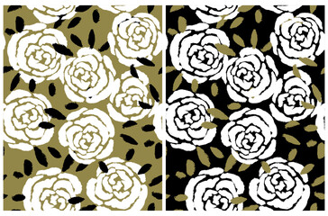 Hand Drawn Floral Seamless Vector Patterns. White Roses on a Black and Green Background. Simple Abstract Garden Repeatable Print ideal for Fabric, Wrapping Paper. White Flowers Design.
