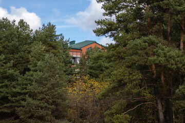 Fototapeta na wymiar An elite brick apartment building built in a coniferous forest is visible from behind the tops of pines