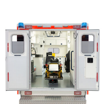 Rear view of the interior of an open ambulance