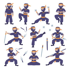 Ninja or Shinobi Character as Japanese Covert Agent or Mercenary in Shozoku Disguise Costume with Weaponry Vector Set © topvectors