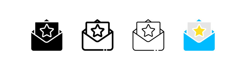 Favourite mail set icon. Star, letter, envelope, chosen, addressee, correspondence, letters, send message. Communication concept. Four vector icon in different styles on a white background
