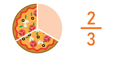 Two thirds pizza fractions. Fraction for kids. Pizza slices. Fraction fun with pizza. vector illustration isolated on white background.