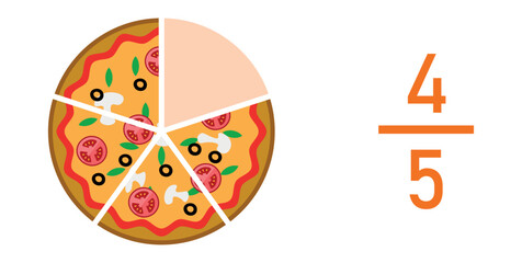 Four fifths pizza fractions. Fraction for kids. Pizza slices. Fraction fun with pizza. vector illustration isolated on white background.