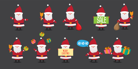Vector christmas Santa Claus big set with santa holding gifts, secret santa , red hat , christmas tree, presents, sale banner and white beard isolated on grey background. Christmas design element