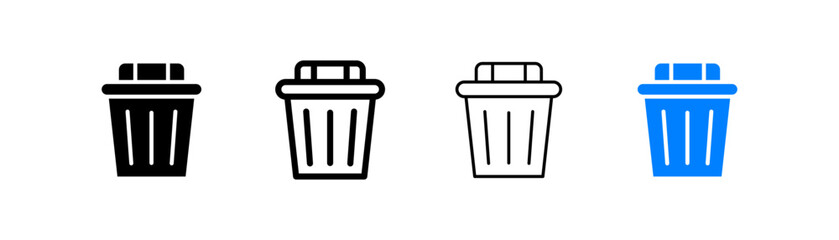 Trash can set icon. Open lid, closed, bin, throw away, rubbish, garbage, litter, clean environment, recycling, recycle. Ecology concept. Four vector icon in different styles on a white background