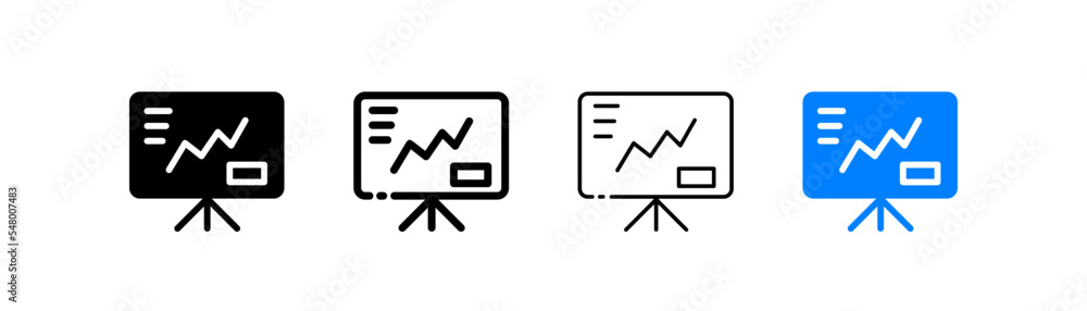 Poster flipchart with statistics set icon. infographics, diagram, presentation, visual aid, pie chart, anal