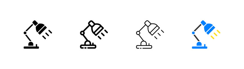Desk lamp set icon. Lighting, electricity, electric, shine, wiring, glow. Thinking, creative idea, creativity, solution. Technology concept. Four vector icon in different styles on a white background