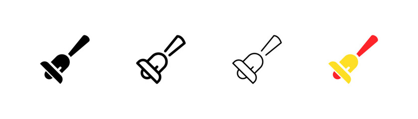 Ringing bell set icon. Reminder, notification, ring, doorbell, jingle, ringtone, education, 1 september, school, call, alarm clock. Four vector icon in different styles on a white background