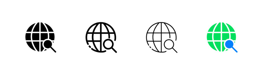 Planet with magnifier set icon. Internet, onset, search, travel, journey, map, navigation, geolocation, gps, location. Technology concept. Four vector icon in different styles on a white background