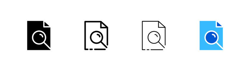 File with Magnifying glass set icon. Information search, text information, book, folders, file manager. Data set concept. Four vector icon in different styles on a white background