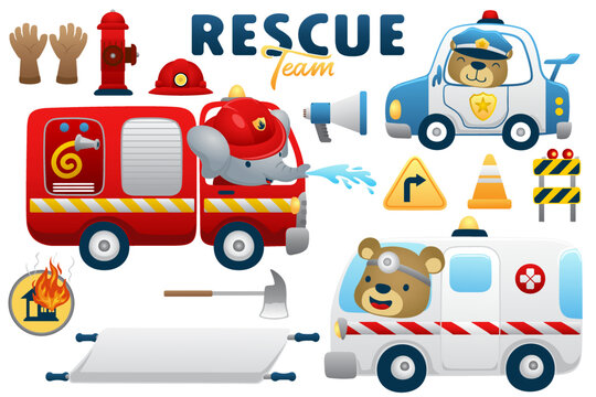 Vector set of rescue vehicles cartoon with funny animals driver, rescue element illustration