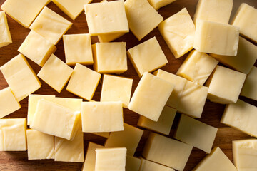 Close-up of the Indian cottage cheese or paneer, typical in the Indian subcontinent, made from cow or buffalo milk, diced into cubes.