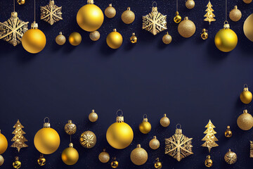 Holiday background illustration, golden ornaments on a blue background