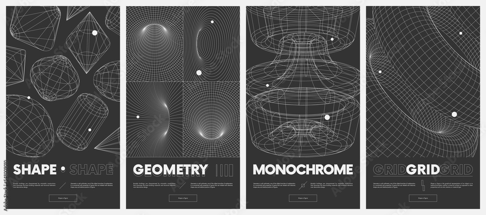 Poster Collection vector posters with strange wireframes of geometric shapes modern design inspired by brutalism, abstract 3d spheres and grids set 7