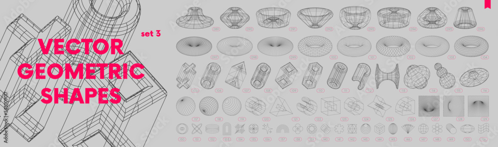 Leinwandbilder Collection of strange wireframes vector 3d geometric shapes, distortion and transformation of figure, set of different linear form inspired by brutalism, graphic design elements, set 3