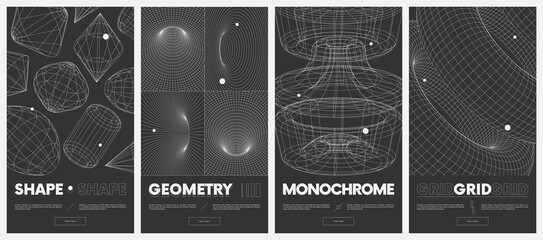 Collection vector posters with strange wireframes of geometric shapes modern design inspired by brutalism, abstract 3d spheres and grids set 7