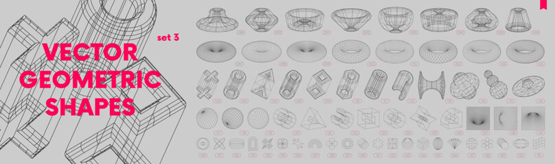 Collection of strange wireframes vector 3d geometric shapes, distortion and transformation of figure, set of different linear form inspired by brutalism, graphic design elements, set 3