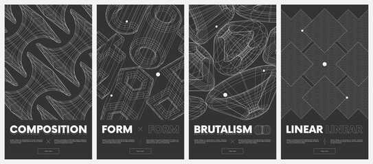 Collection vector posters with strange wireframes of geometric shapes modern design inspired by brutalism, 3d structure physical figures set 6