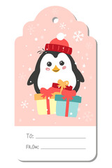 Congratulatory New Year's tag with a penguin and gifts