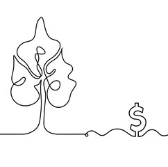 Abstract tree with dollar as line drawing on the white background. Vector