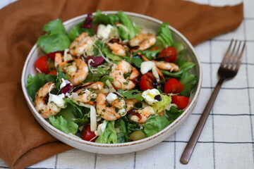 Healthy juicy shrimp salad. Mediterranean Kitchen.