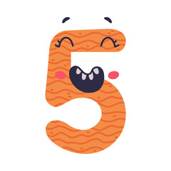 5 cute funny number character. Five comic childish bright orange numeral, math symbol cartoon vector illustration