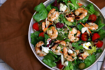 Healthy juicy shrimp salad. Mediterranean Kitchen.