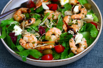 Healthy juicy shrimp salad. Mediterranean Kitchen.