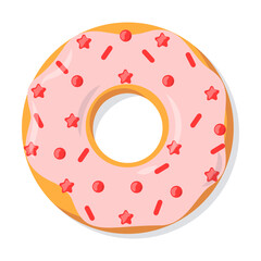 Glazed donuts flat vector illustration. Simple trendy doughnuts with pink cream topping, sweet food from dough isolated on white background. Pastry concept