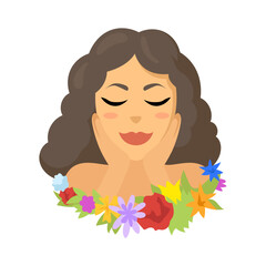 Woman among flowers flat sticker for web design. Cartoon badge for female support and solidarity isolated vector illustration