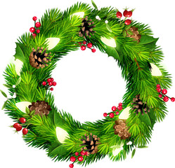 Fototapeta na wymiar Christmas wreath with green fir branches, pine cones, Christmas lights, holly, and mistletoe. Vector illustration