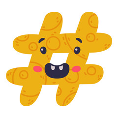 Cute funny yellow hashtag symbol character with funny face. Social media hash mark communication cartoon vector illustration