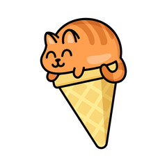 Cute red caramel cat ice cream sticker. Kawaii kitties in waffle cone. Happy animal cartoon character vector design for advertising. Summer, taste and food concept