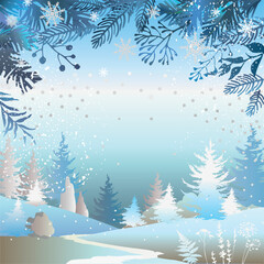 Fototapeta na wymiar Winter holiday square blue background. Merry Christmas postcard template with winter forest and space for text.