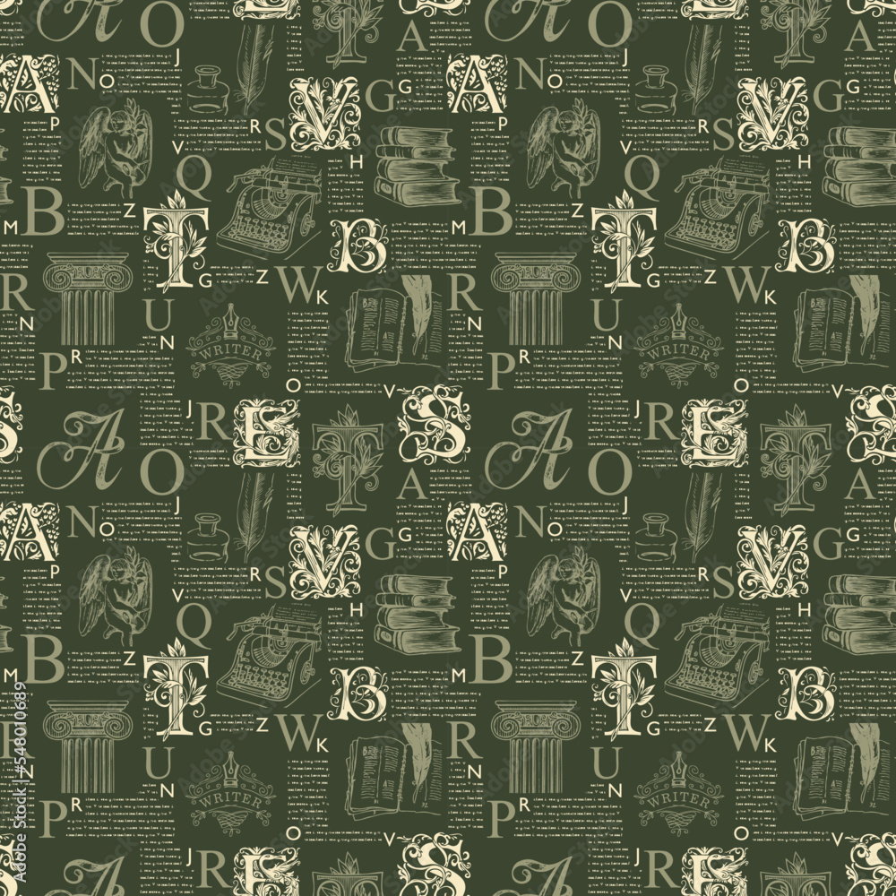Poster vector seamless pattern with ornate initial letters and literary illustrations on printed page backg
