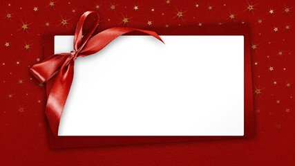 Christmas Blank gift greeting card ticket with shiny red ribbon bow, isolated on red background...
