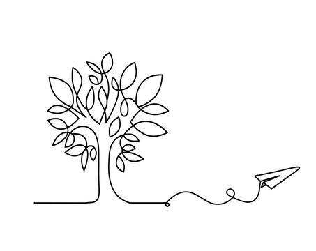 Abstract tree with paper plane as line drawing on the white background. Vector