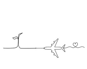 Abstract tree with plane as line drawing on the white background. Vector