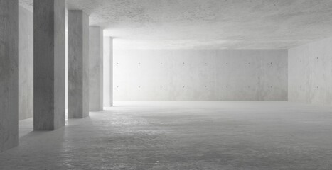Abstract large, empty, modern concrete room, light thru pillars on the left wall and rough floor - industrial interior background template